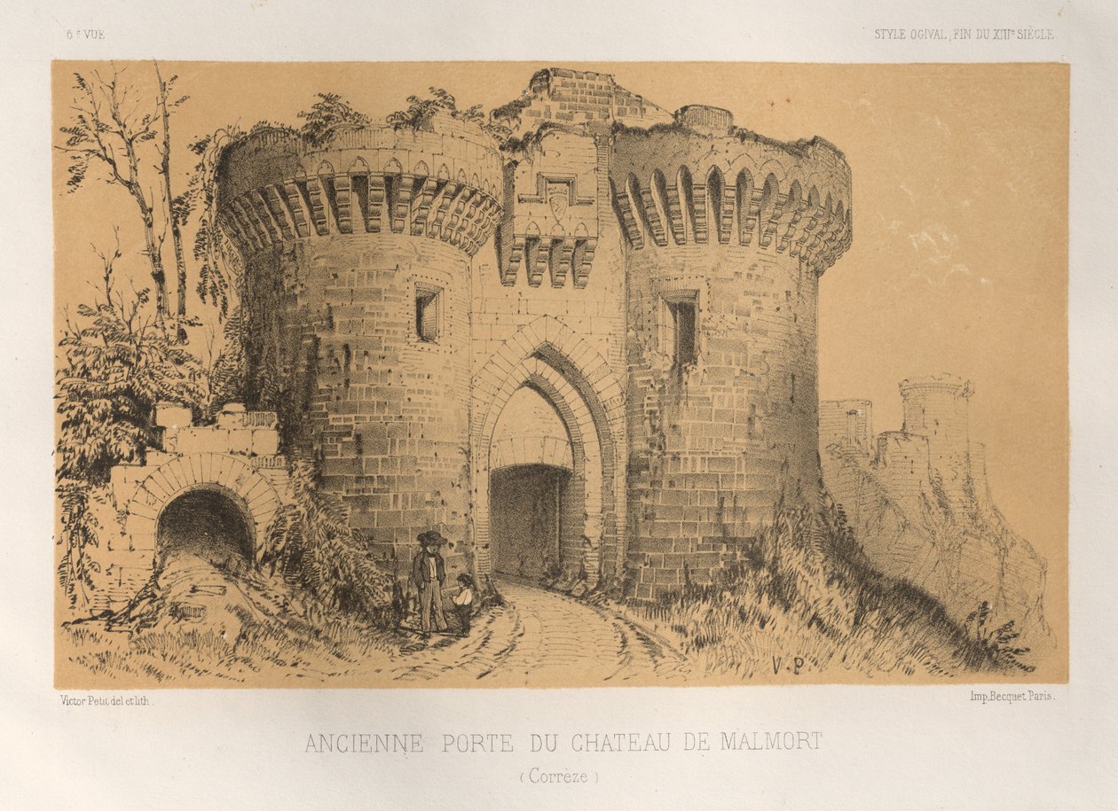Viehättävää arkkitehtuuria tai 1400-luvun monumentteja. Ja XVI. Vuosisadat: Ranskan linnat XV ja XVI vuosisadalla: Pl.6, Chateau De Malmortin vanha portti (Correze) tekijältä Victor Petit