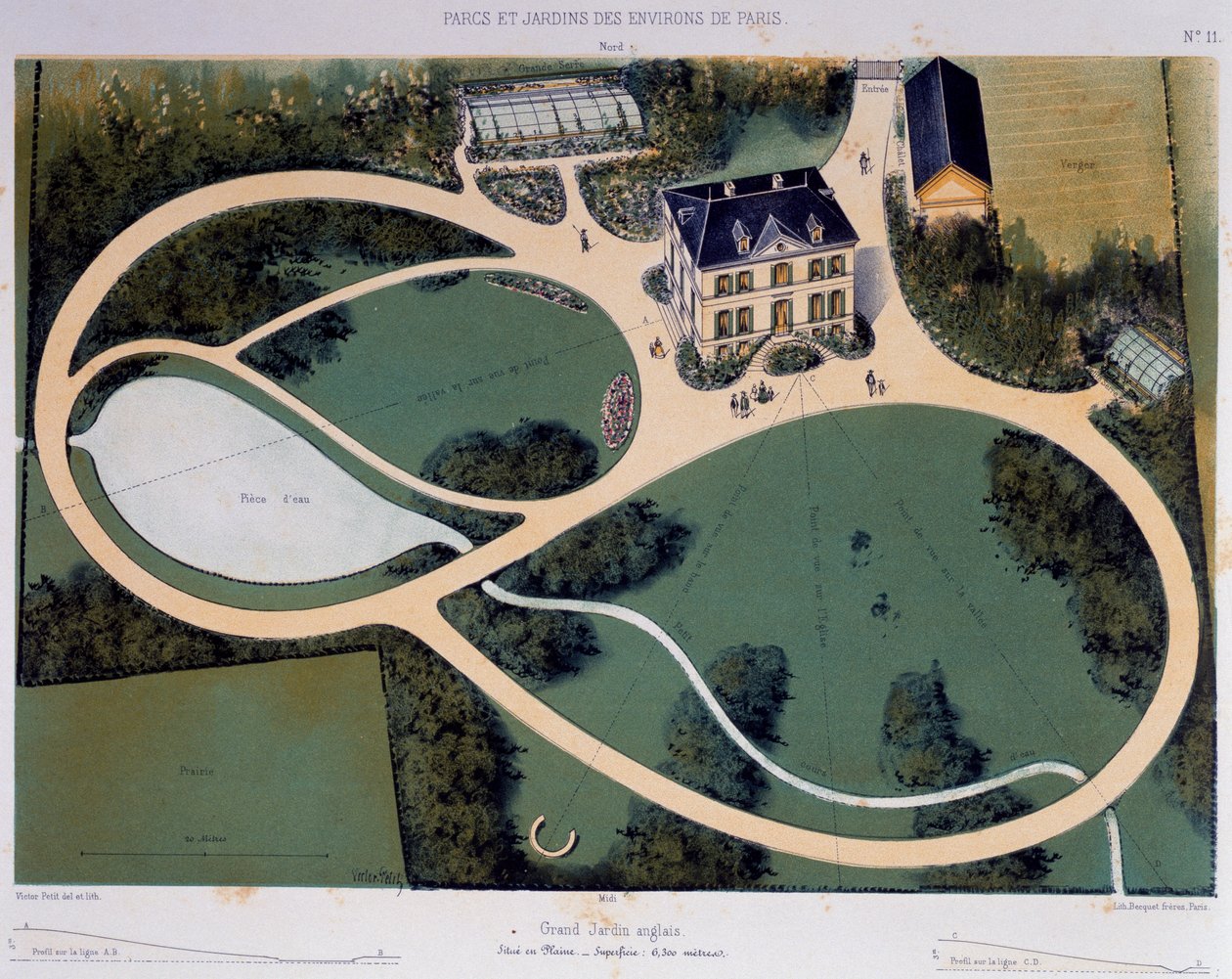 Suuri englantilainen puutarha, 6300 neliömetriä, kuva otettu Parcs et Jardins des environs de Parisista (Pariisin ympärillä olevat puistot ja puutarhat), n. 1850, Victor Petit (1818-1871) litografia, Ranska tekijältä Victor Petit