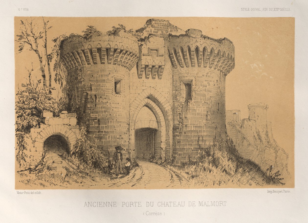 ...Pl.6, Chateau De Malmort Correzen vanha ovi, 1860. tekijältä Victor Petit