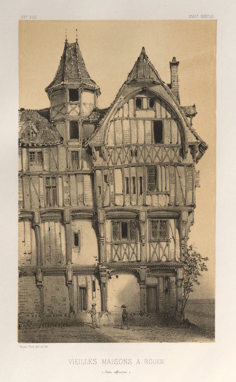 ...pl. 21, Old Houses A Rouen Seine-Inferieure, julkaistu 1860. tekijältä Victor Petit