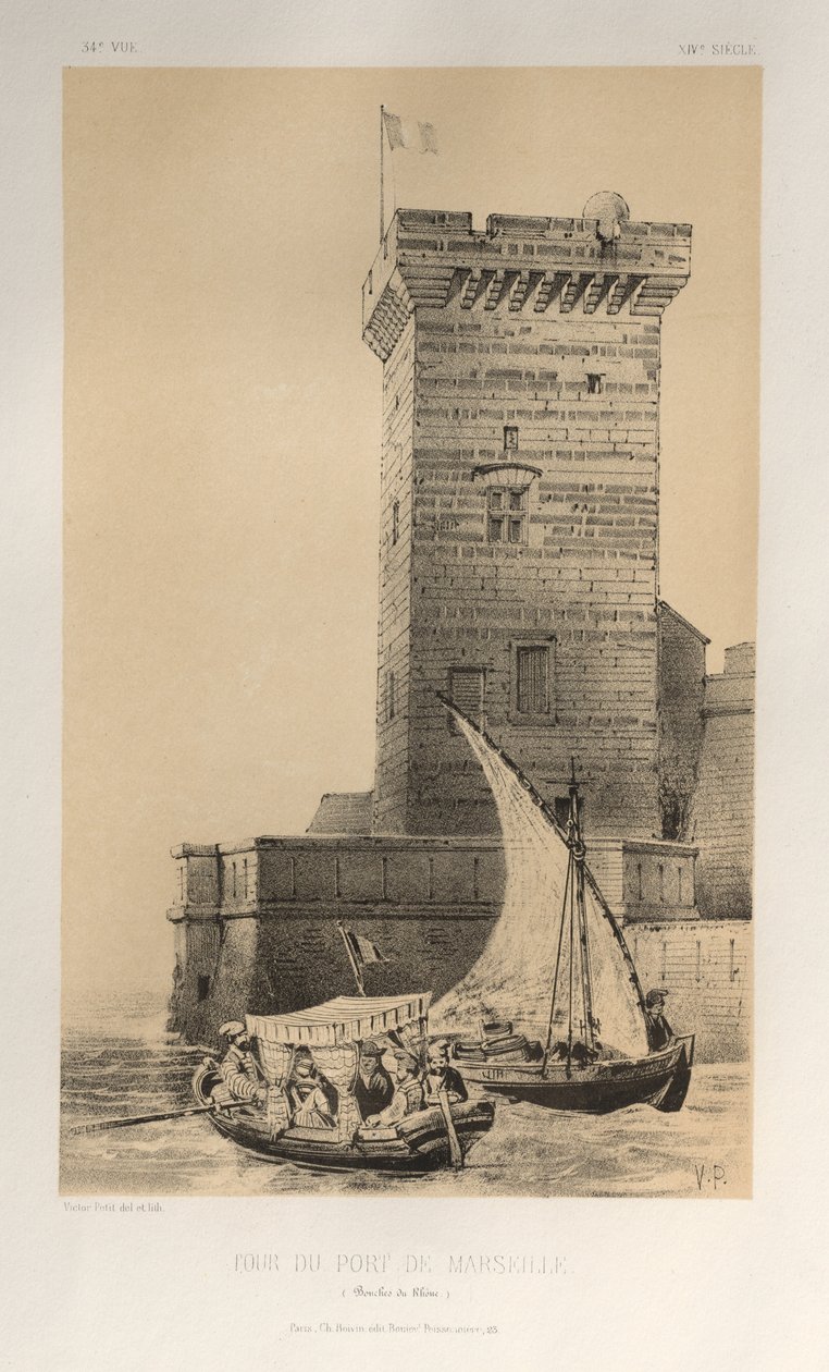 ...pl. 34, Marseillen sataman torni Bouches Du Rhône, 1860. tekijältä Victor Petit