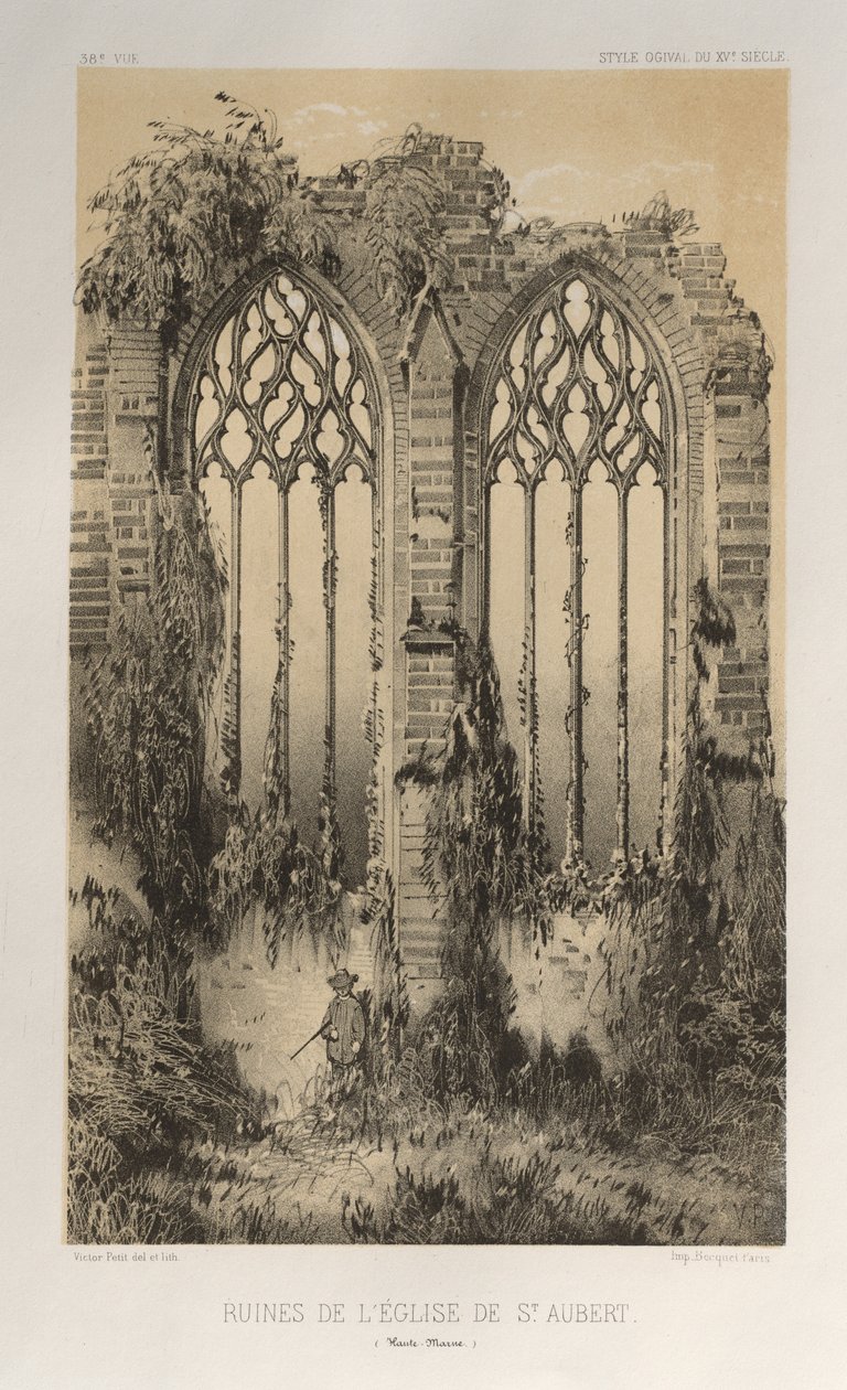 ...pl. 38, St. Aubert Haute-Marnen kirkon rauniot, 1860. tekijältä Victor Petit
