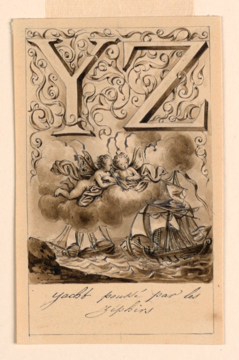 Suunnittelu pohjamaalin kirjaimille Y ja Z: Yacht/Zéphir (Zephirsin ajojahdit) tekijältä Victor Vincent Adam