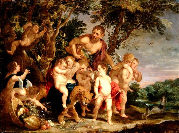 Bacchanal metsäisessä jokimaisemassa (öljy kuparilla) tekijältä Victor Wolfvoet