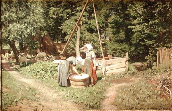 Young Girls at the Well (öljy kankaalle) tekijältä Viggo Pedersen