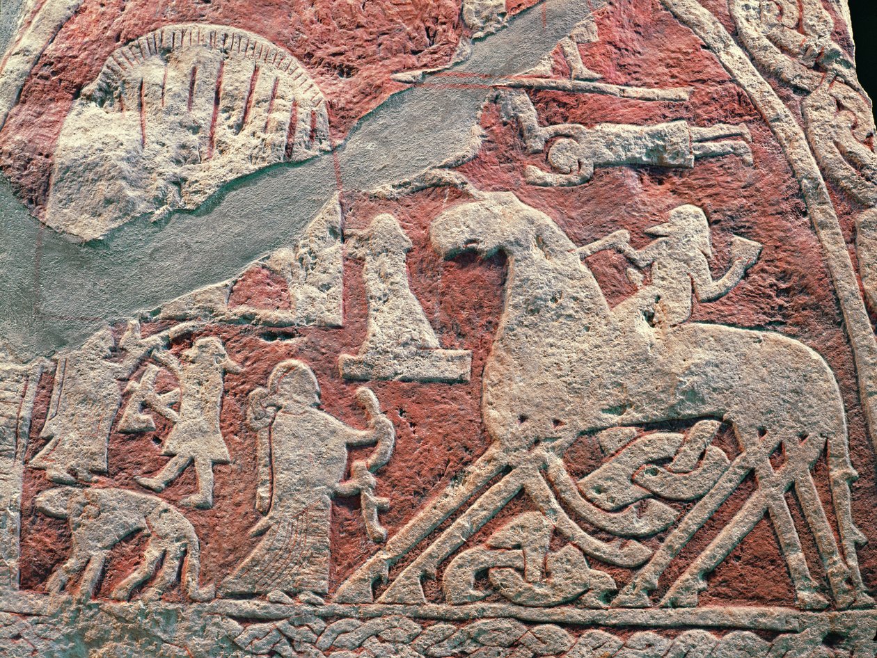Yksityiskohta hahmoista, jotka kuvaavat saagaa, Gotlannin saaren kivestä tekijältä Viking