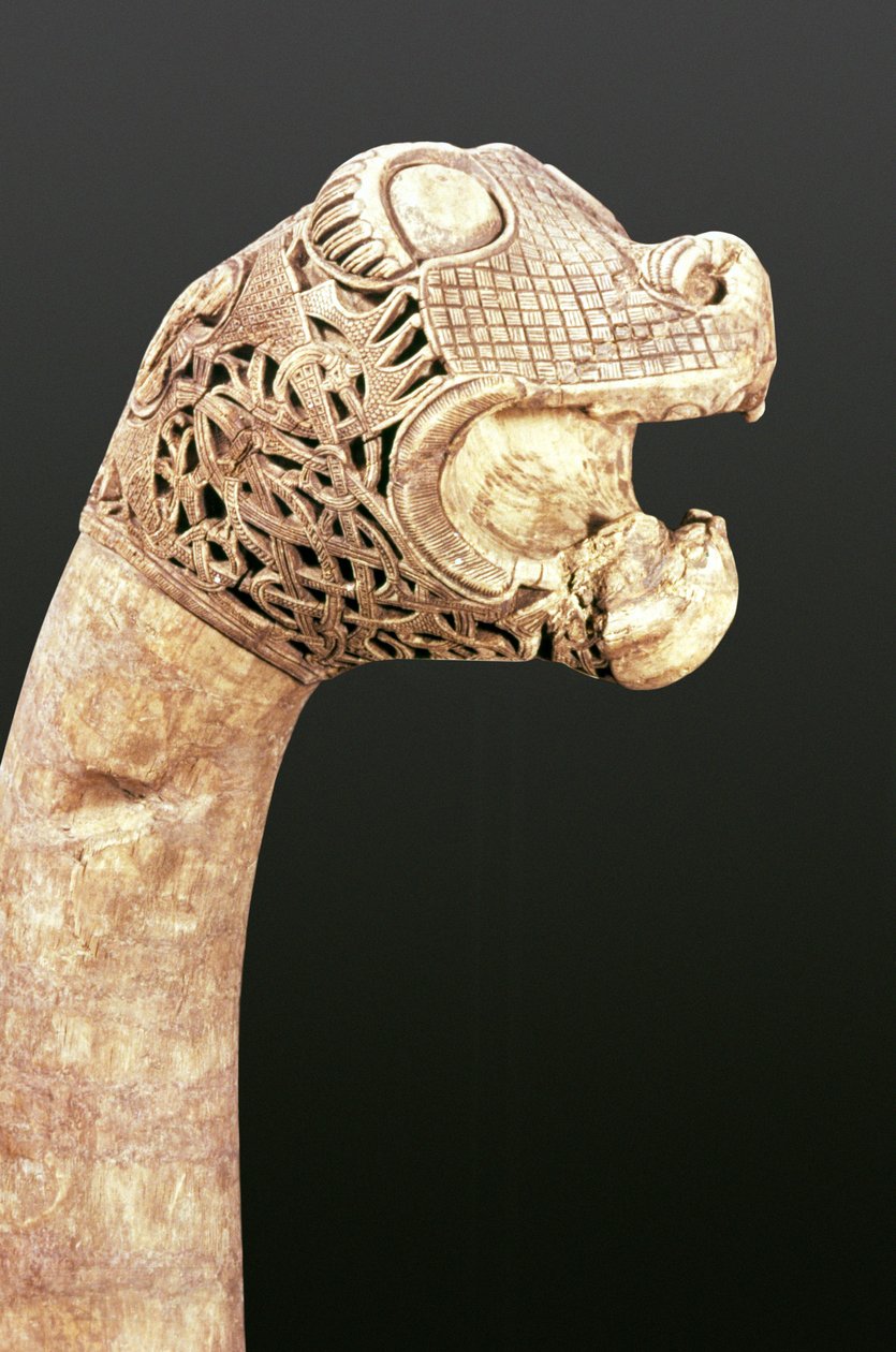Viikinki-pitkälaivan hahmo, löydetty Osebergistä, Norjasta (puuta) tekijältä Viking