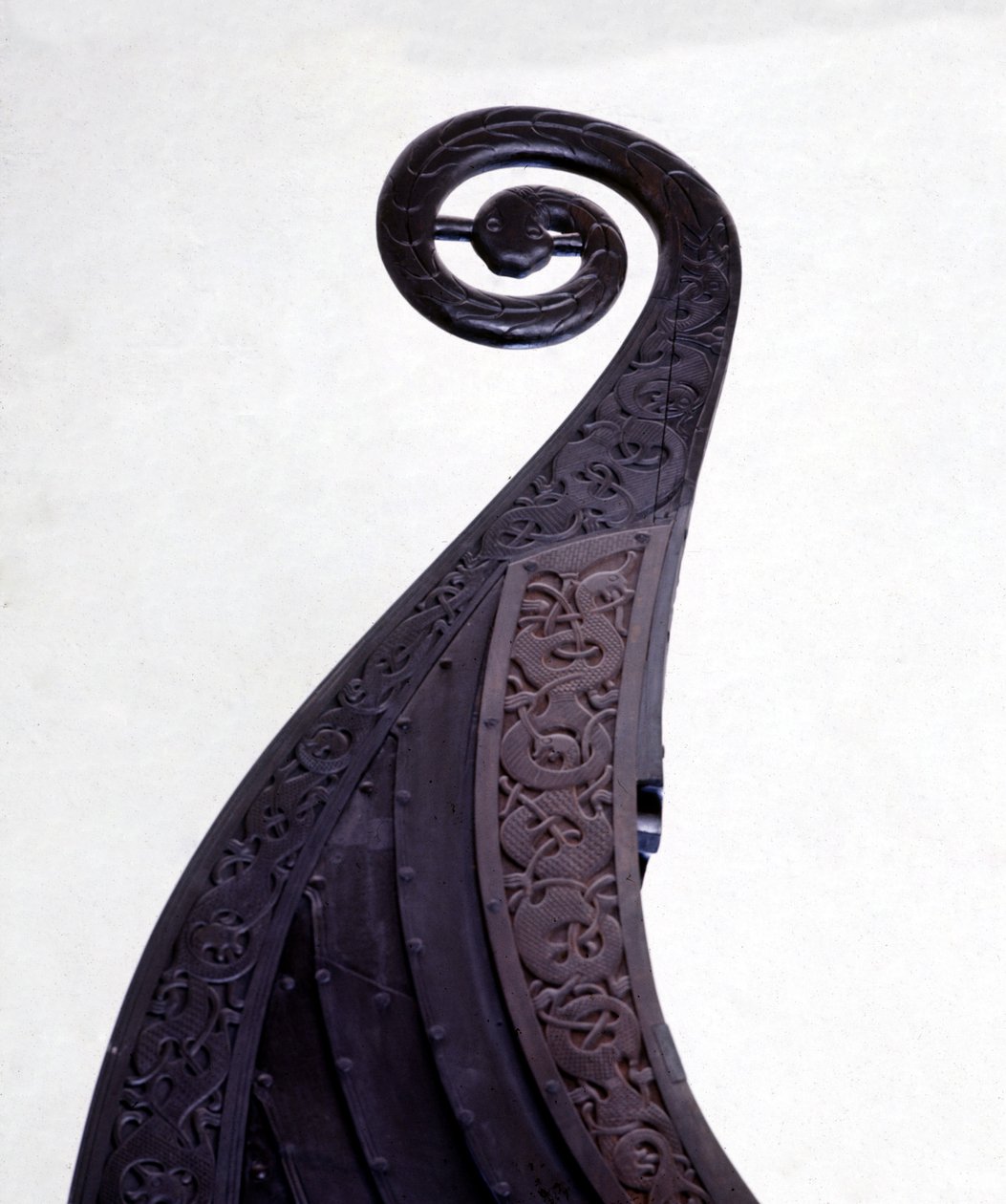 Hautausdrakkarin (viikinkilaivan) keulahahmo Osebergistä, 900-luvulta. Oslo Bygdoy -museo. tekijältä Viking