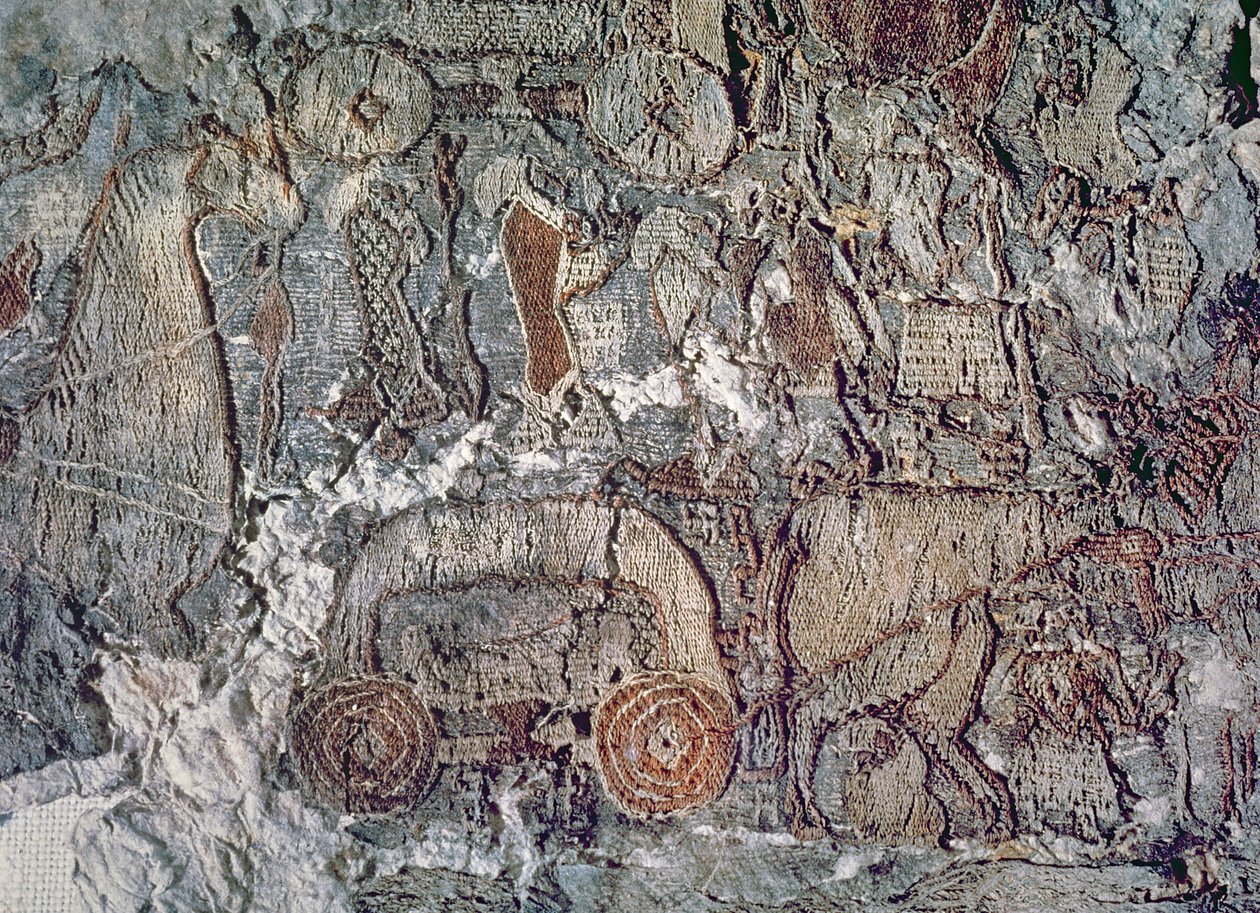 Yksityiskohta eläimestä, joka vetää kärryä, kuvakudos, joka löydettiin Oseberg-laivan mukana (tekstiili) tekijältä Viking