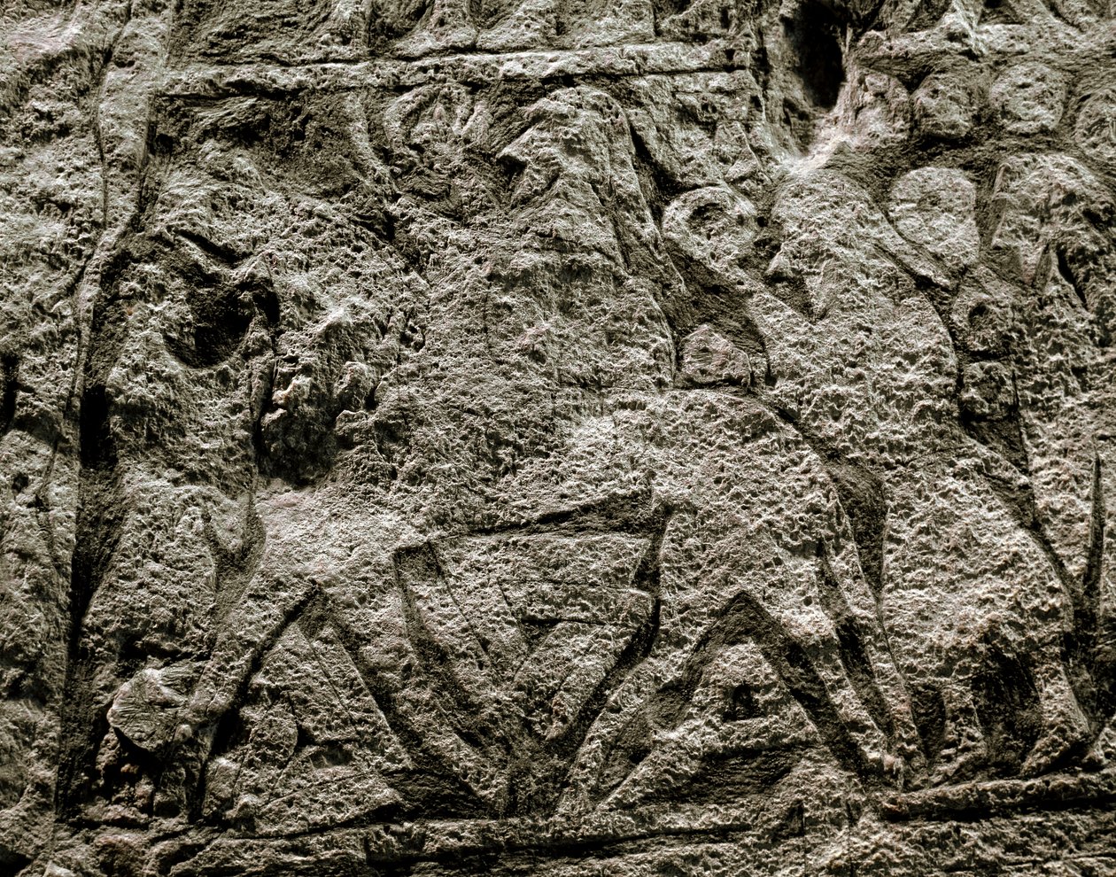 Kuolleet ratsastamassa Odinin hevosella, yksityiskohta viikinkien hautakivestä, 7.-8. vuosisadalla jKr. tekijältä Viking