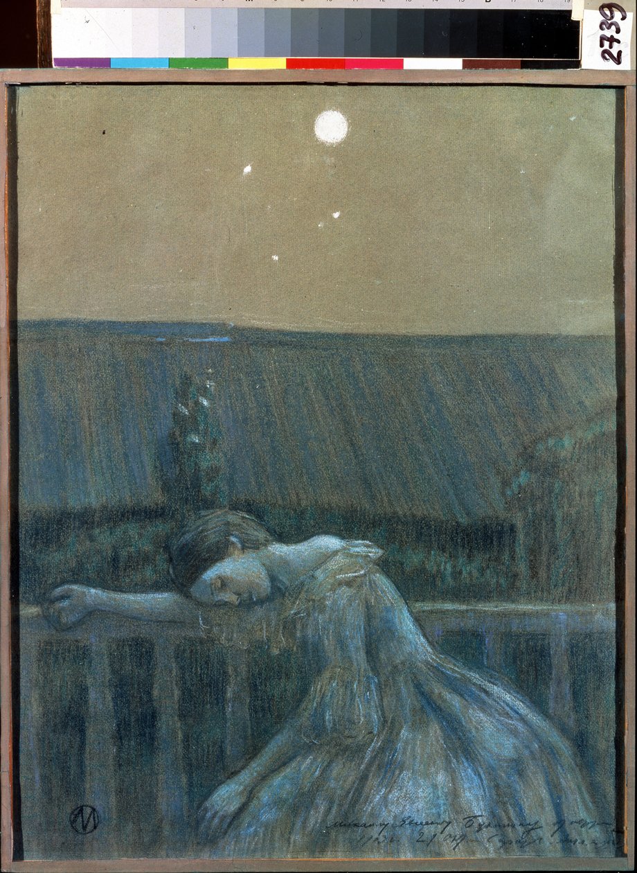 ""Suru"" (Suru) Epätoivoinen nuori tyttö nojaa kaiteeseen. Akvarelli ja pastelli Viktor (Victor) Elpidiforovich Borisov-Musatov (Borisov Musatov) (1870-1905) (symbolismi) 1903 Valtion historian ja taiteen museo Serpukhov (Serpukhov). tekijältä Viktor Elpidiforovich Borisov-Musatov