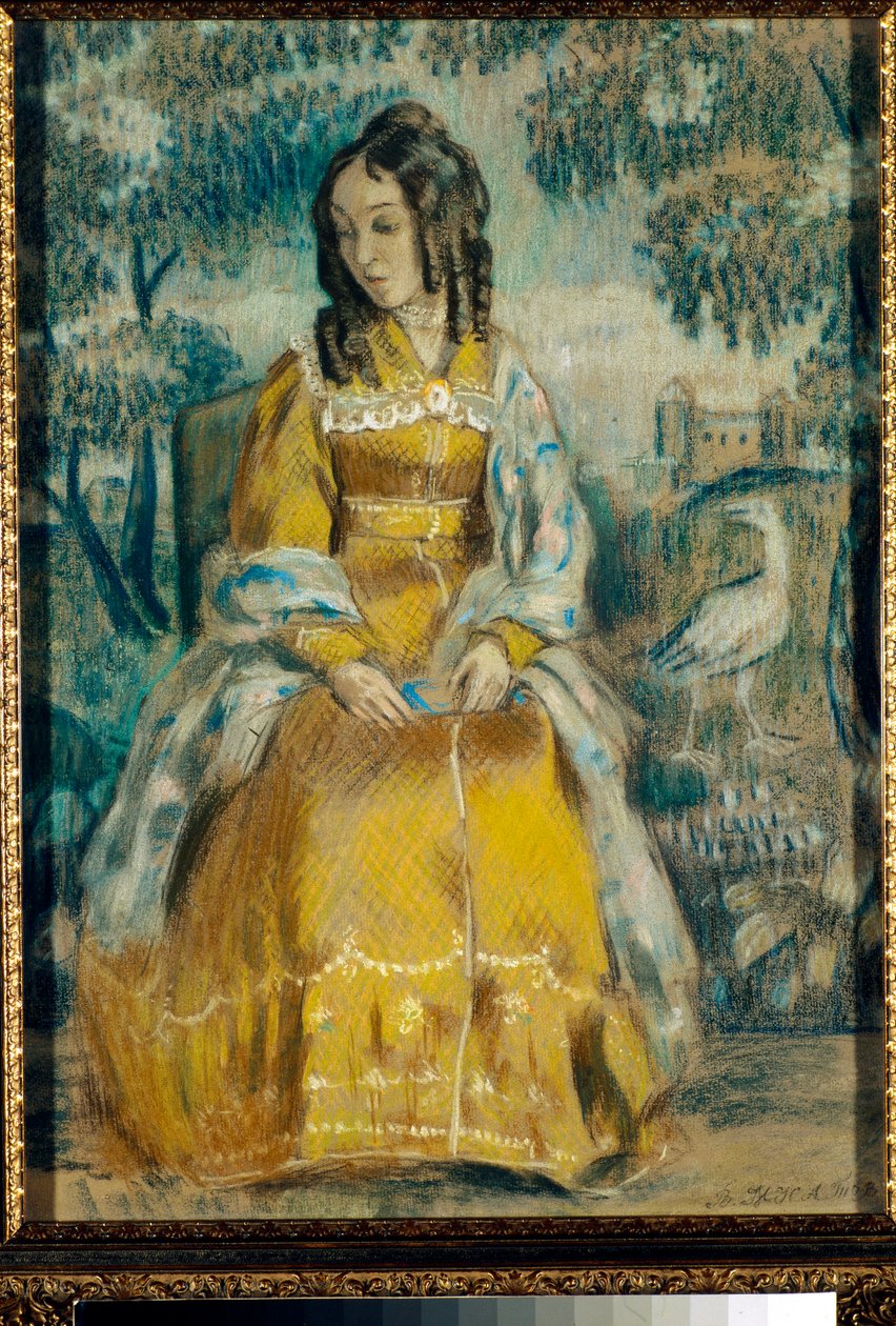 Muotokuva Nadezhda Stanyukovichista kuvakudoksen edessä, mietteliäs, yllään krinoliinimekko - Piirustus Viktor (Victor) Elpidiforovich Borisov-Musatov (Borisov Musatov) (1870-1905) tekijältä Viktor Elpidiforovich Borisov Musatov
