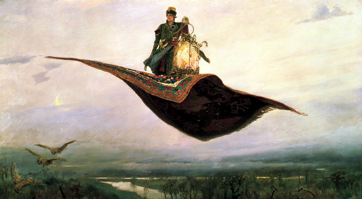 Lentävällä matolla ratsastus, 1880 tekijältä Viktor Mikhaylovich Vasnetsov