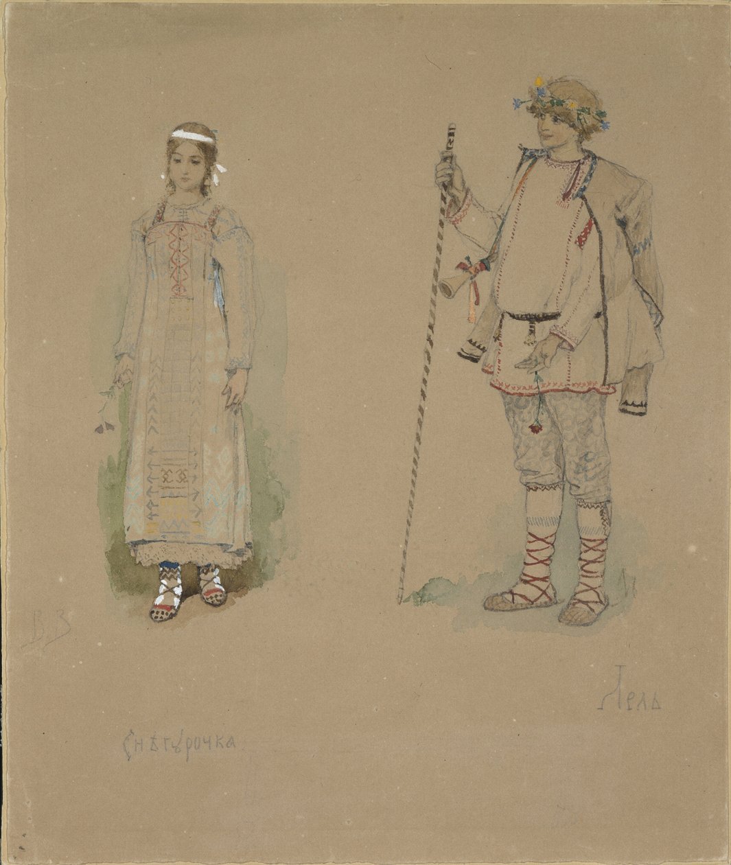 Snow Maiden ja Lel. Pukusuunnittelu N. Rimski-Korsakovin oopperaan Snow Maiden, 1885 tekijältä Viktor Mikhaylovich Vasnetsov