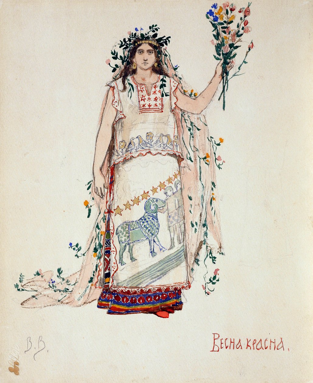Kevään kaunotar. Pukusuunnittelu N. Rimski-Korsakovin oopperaan Snow Maiden, 1885 tekijältä Viktor Mikhaylovich Vasnetsov