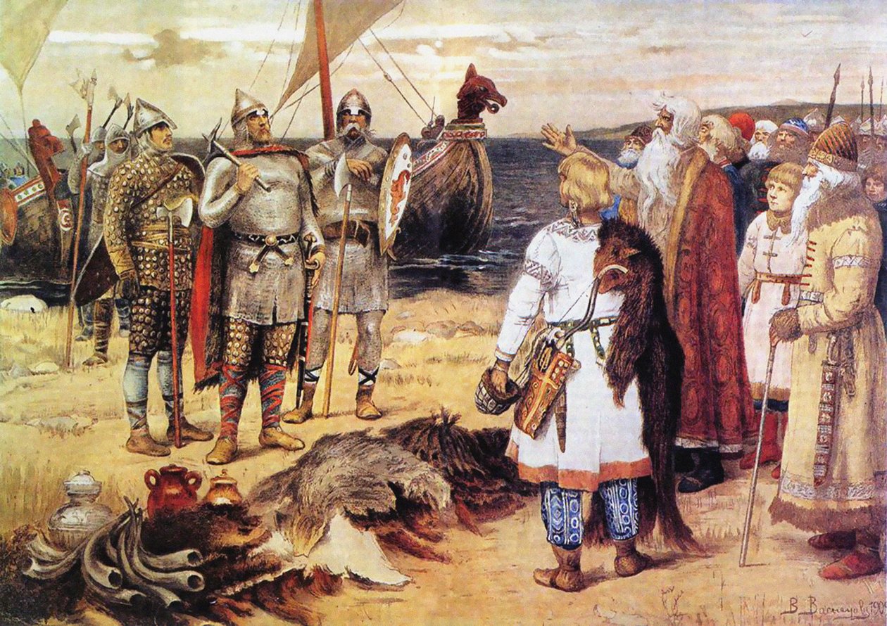 Varangilaisten kutsu: Rurik ja hänen veljensä saapuvat Staraya Ladogaan ennen vuotta 1912 tekijältä Viktor Mikhaylovich Vasnetsov