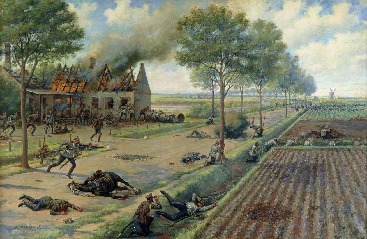 Venäjän ratsuväki taistelee saksalaisia vastaan kylässä vuonna 1915, n. 1915-1916 (öljy kankaalle) tekijältä Viktor Viketyevich Masurovsky
