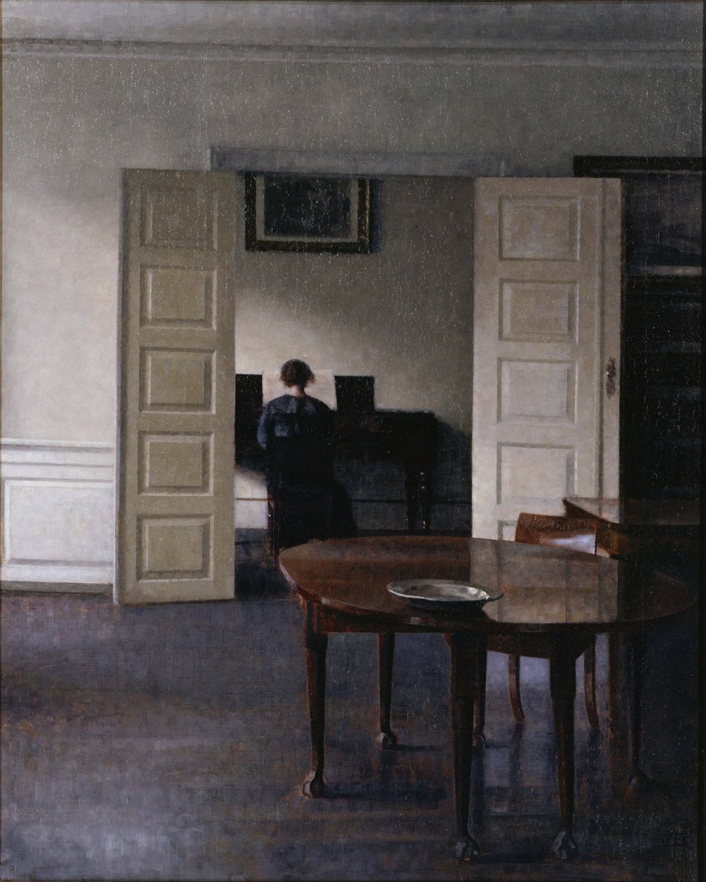 Sisustus, jossa Ida soittaa pianoa tekijältä Vilhelm Hammershøi