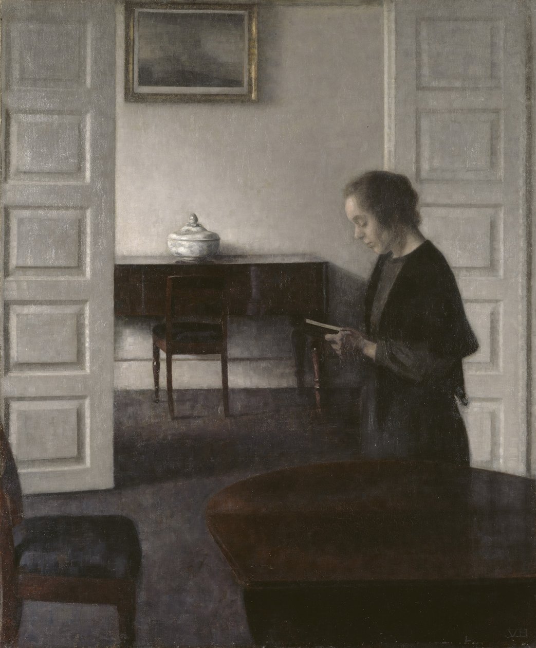 Interior with a Lady Reading, n. 1900 (öljy kankaalle) tekijältä Vilhelm Hammershoi