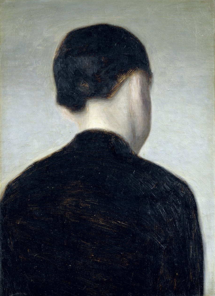 Istuva hahmo, takaa katsottuna (Anna Hammershoi) 1884 (öljy kankaalle asetettuna alukselle) tekijältä Vilhelm Hammershoi