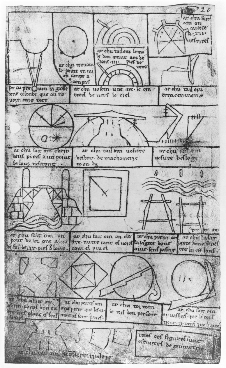 Faksikopio Ms Fr 19023 fol.20 Geometriset hahmot rakennusten rakentamiseen tekijältä Villard de Honnecourt