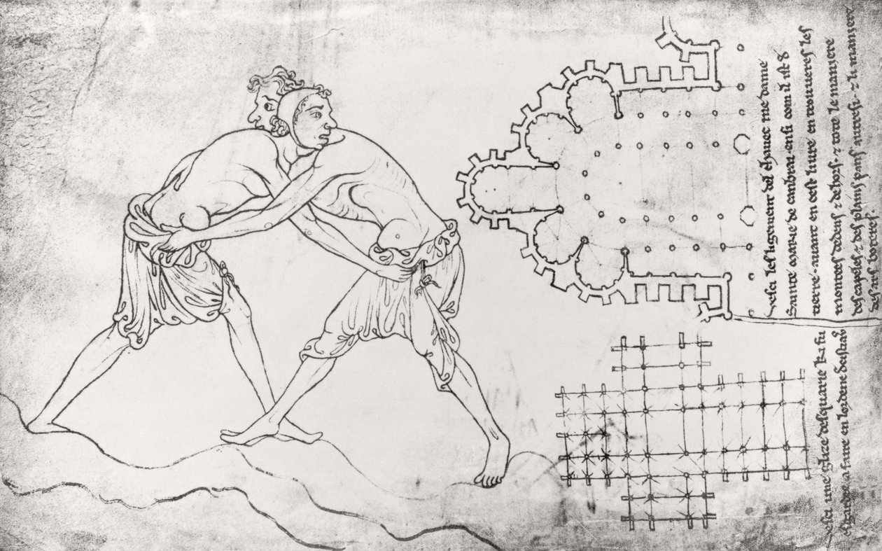 Ms.Fr.19093 fol.14v Kaksi painijaa, suunnitelma Cistercian kirkosta ja suunnitelma Notre-Dame de Cambrain kuorosta (faksikopio) tekijältä Villard de Honnecourt