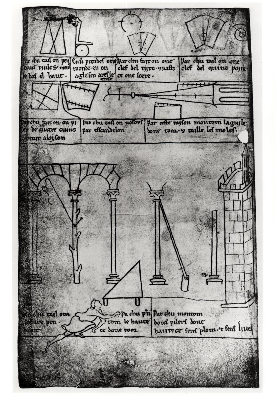 Ms.Fr.19093 fol.20v Geometriset hahmot rakenteelle, kaarille ja miehelle, joka mittaa tornin korkeutta (faksikopio) tekijältä Villard de Honnecourt