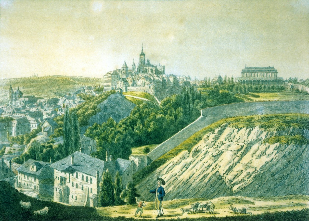 Näkymä Prahan linnalle idästä, 1825 (etsaus akvatintalla) tekijältä Vincenc Morstadt