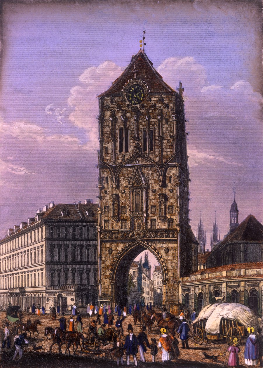 Ruutitorni, Praha, n.1840 (värillinen teräskaiverrus) tekijältä Vincenc Morstadt