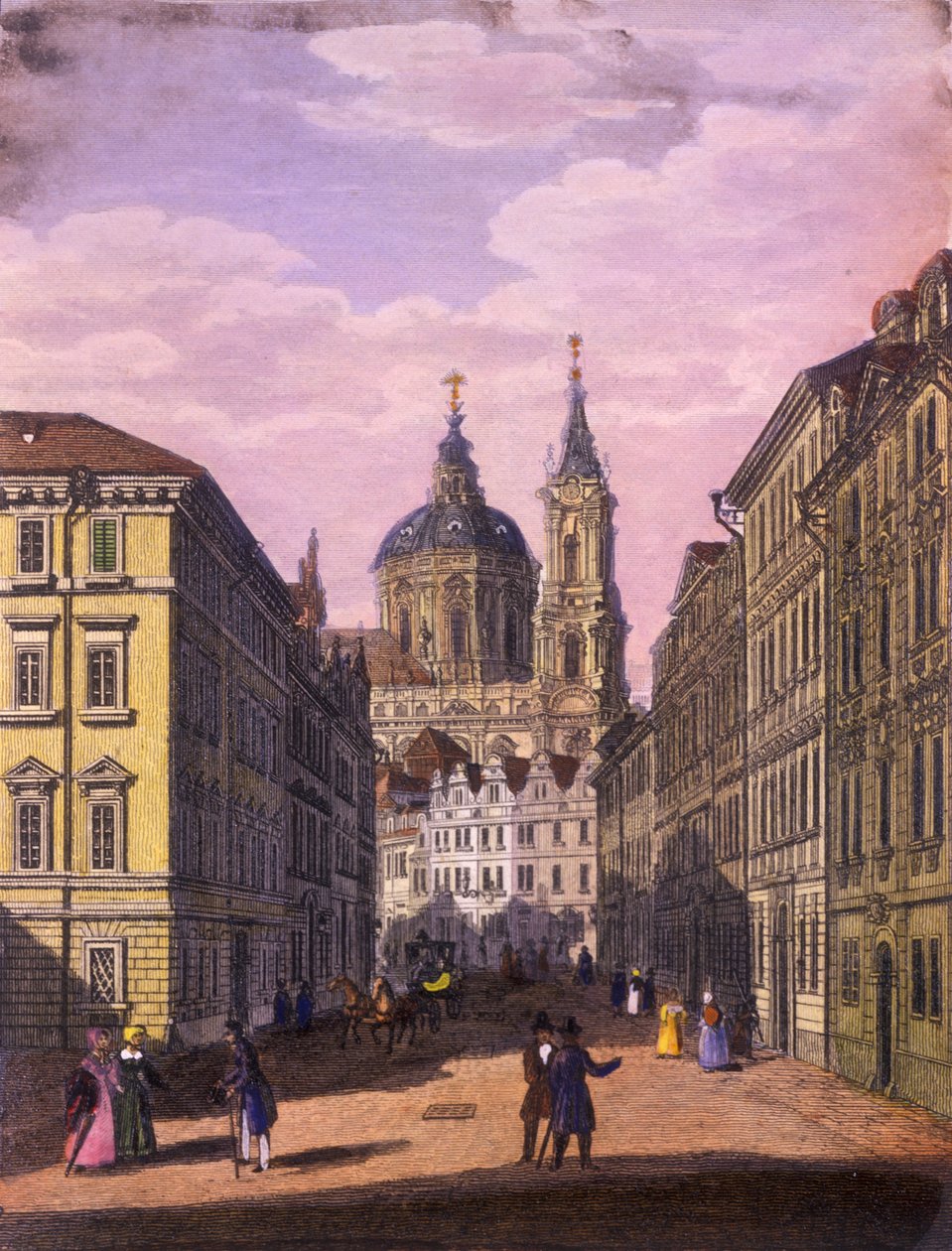 Pyhän Nikolauksen kirkko Pikkukorttelissa, Praha, 1847 (värillinen teräskaiverrus). tekijältä Vincenc and Geissler, F. Morstadt