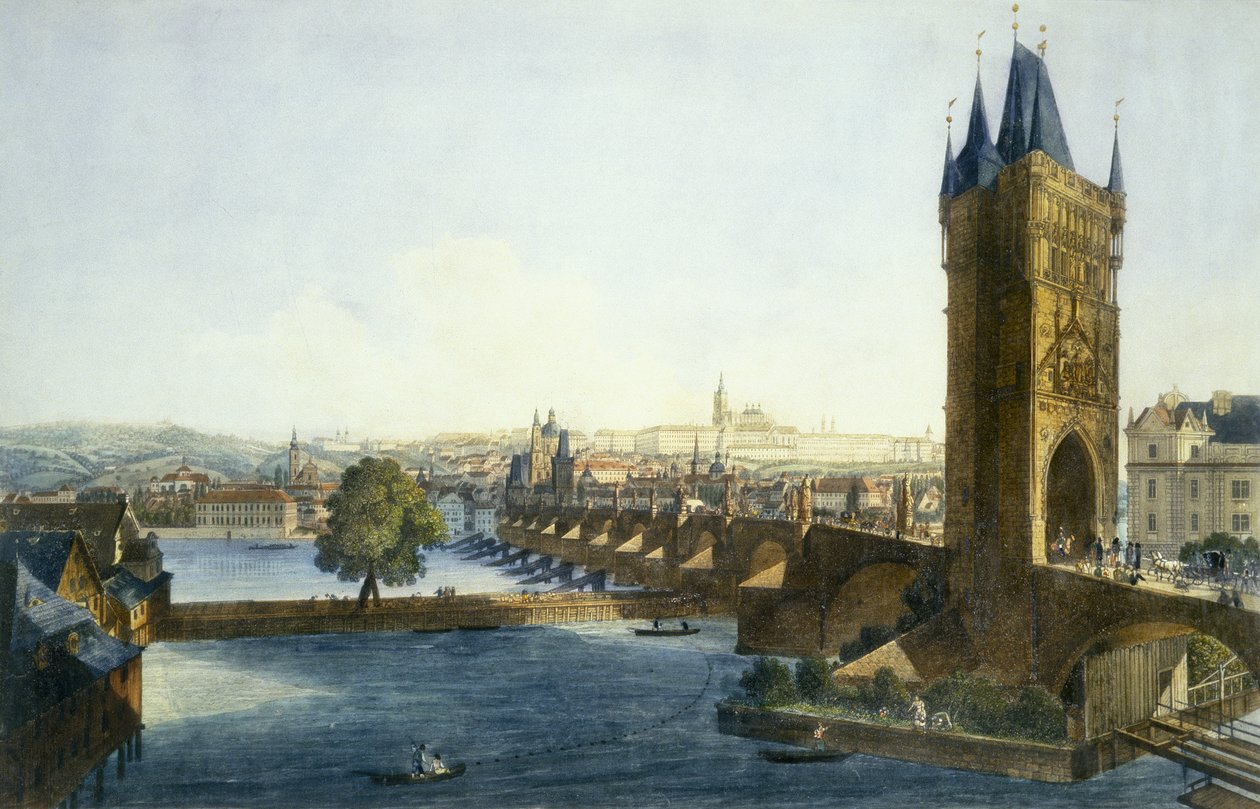 Näkymä Prahan linnalle ja pienelle korttelille lounaasta, 1836 (värillinen akvatinta) tekijältä Vincenc and Richter, Carl August Morstadt