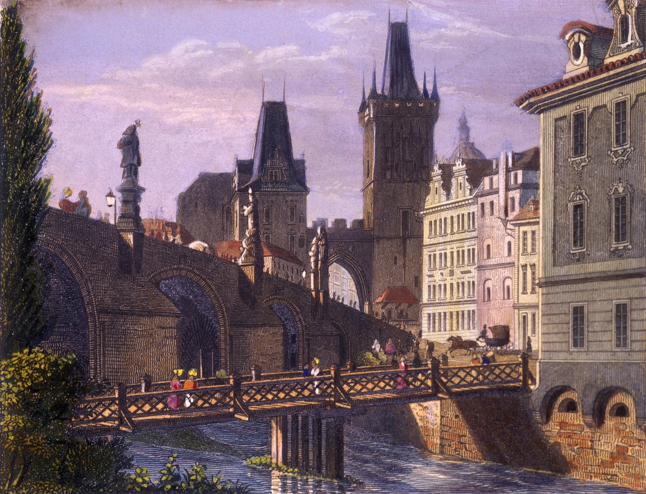 Little Quarter Bridge Towers, 1847 (värillinen teräskaiverrus) tekijältä Vincenc Morstadt