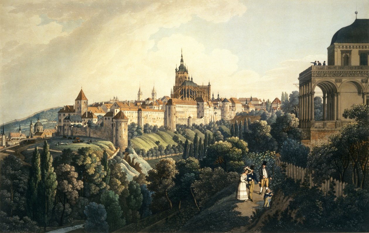 Prahan linna ja kuninkaallinen kesämökki, 1836 (etsaus akvatintalla) tekijältä Vincenc Morstadt