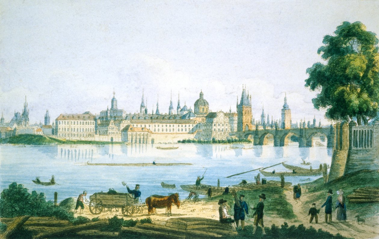 Näkymä Prahaan Pikkukorttelista, 1830 (värillinen etsaus) tekijältä Vincenc Morstadt