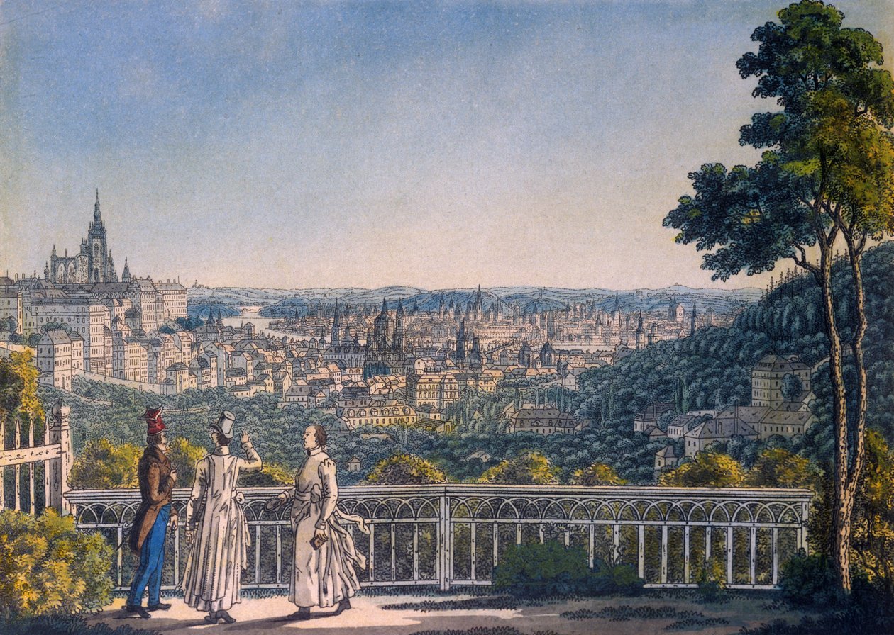 Näkymä Prahaan Strahovin luostarin puutarhasta, 1835 (värillinen etsaus) tekijältä Vincenc Morstadt