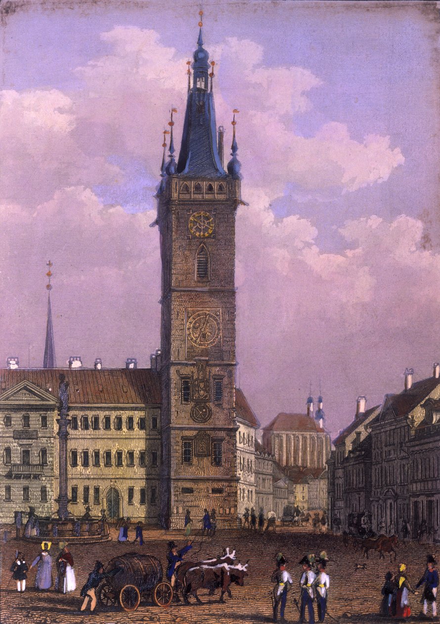 Uusi kaupungintalo, Praha, 1847 (värillinen teräskaiverrus) tekijältä Vincenc Morstadt