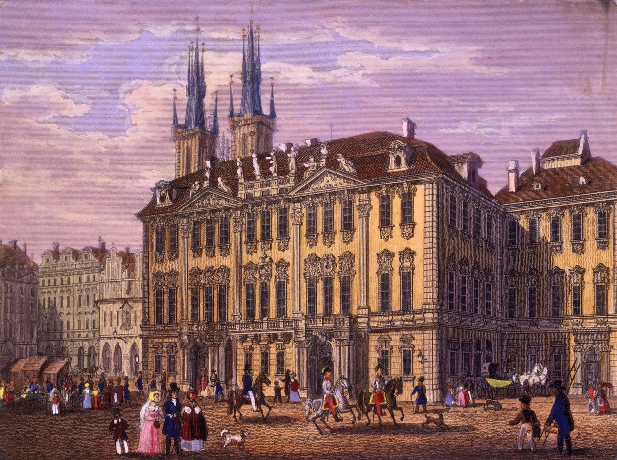 Goltz-Kinsky (Kinský) palatsi, Praha, 1847 (värillinen teräskaiverrus) tekijältä Vincenc and Geissler, F. Morstadt