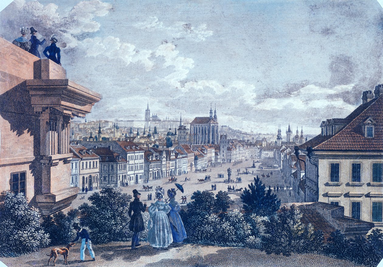 Hevostori Venceslauksen aukiolla, Praha, 1835 (värillinen teräskaiverrus) tekijältä Vincenc and Geissler, F. Morstadt