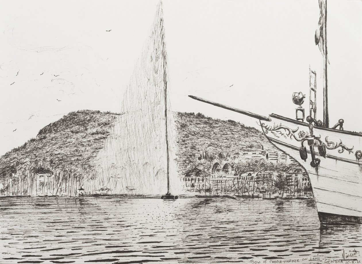 Geneven suihkulähde ja huviristeilijän keula, 2011, (muste paperille) tekijältä Vincent Alexander Booth