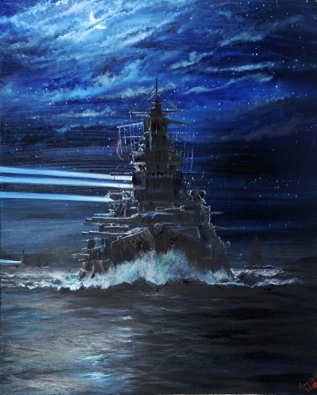 IJN Hiei ja Akatsuki valaisevat USS Atlantan, Guadalcanal 1942, 2018, tekijältä Vincent Alexander Booth