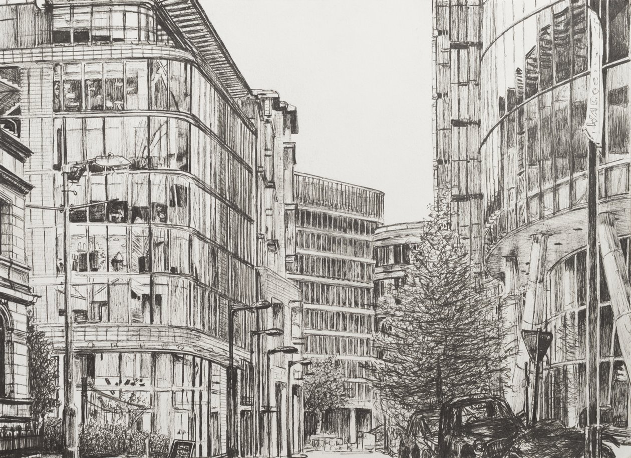 Manchester, Deansgate, näkymä kahvilasta, 2010, (muste paperille) tekijältä Vincent Alexander Booth