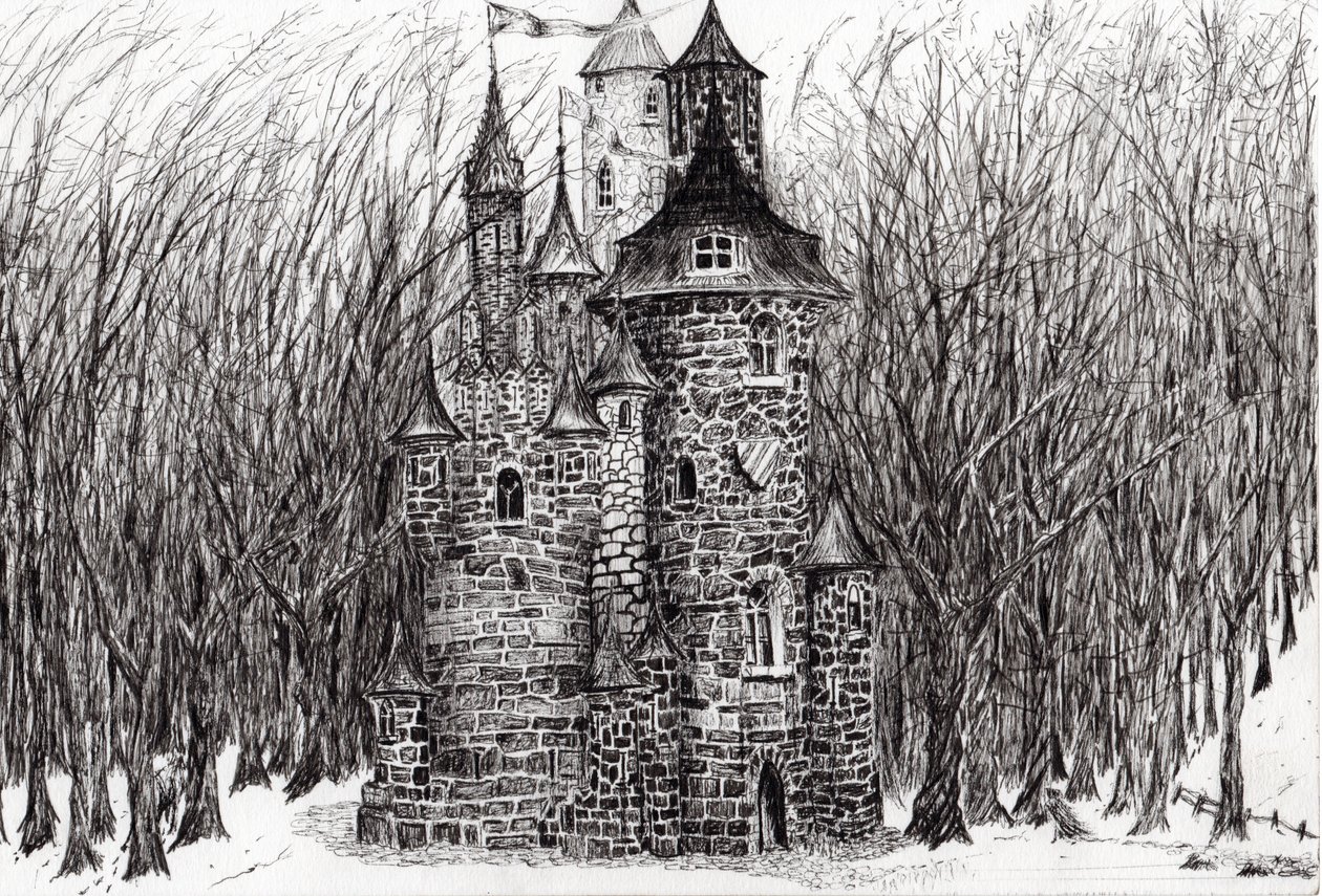 Linna Findhornin metsässä, 2006, (muste paperille) tekijältä Vincent Alexander Booth