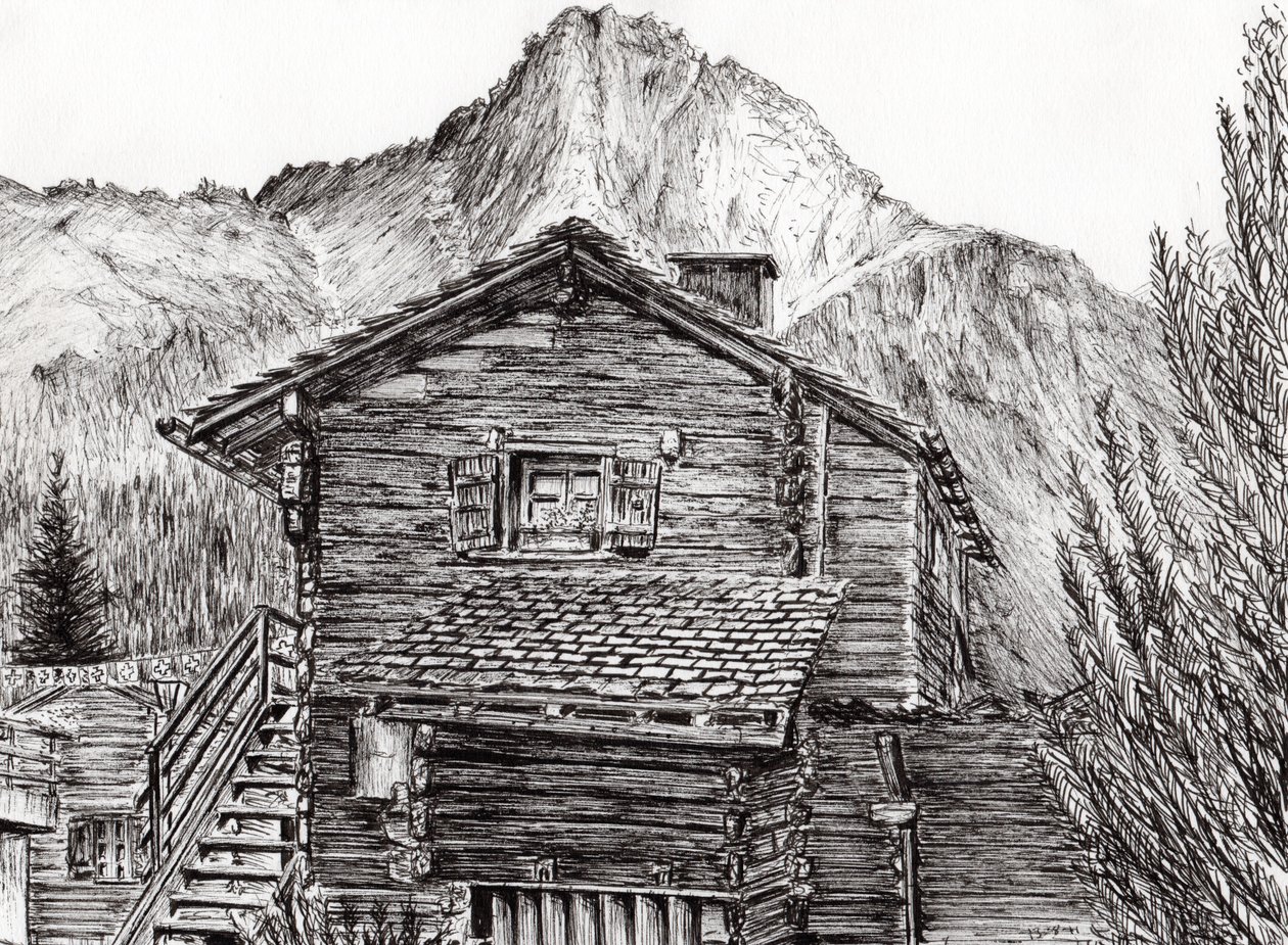 Näkymä B&B Zinal Switzerlandista, 2011, (muste paperille) tekijältä Vincent Alexander Booth