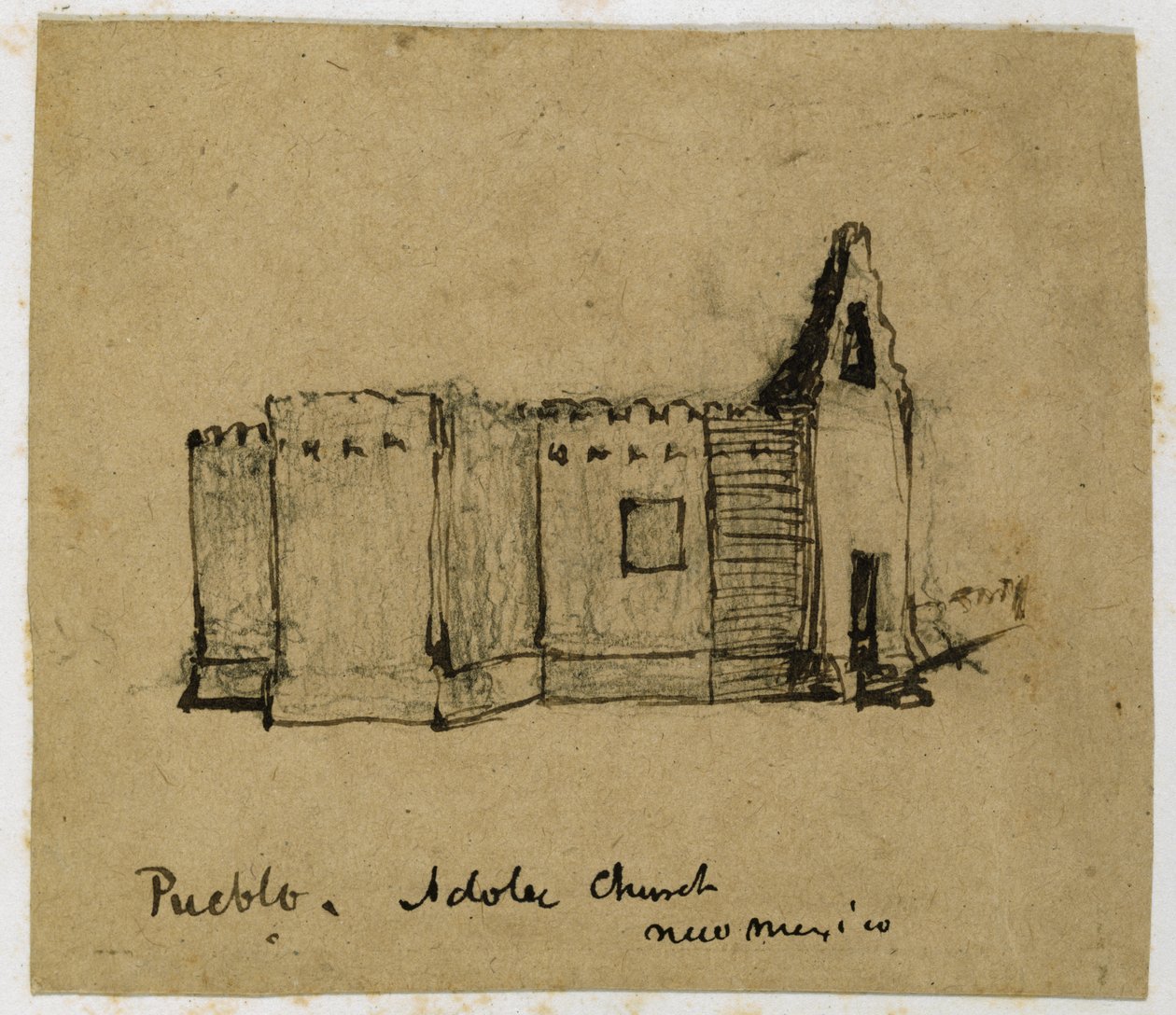 Pueblo, Adoben kirkko, New Mexico, 1869-71 (tussi paperille) tekijältä Vincent Colyer