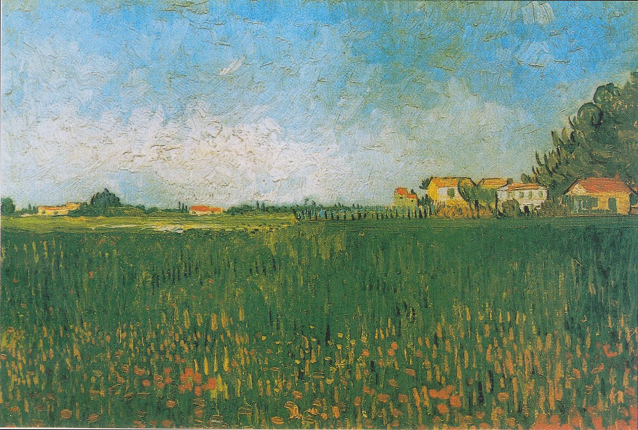 Maalaistaloja vehnäpellolla lähellä Arlesia tekijältä Vincent van Gogh