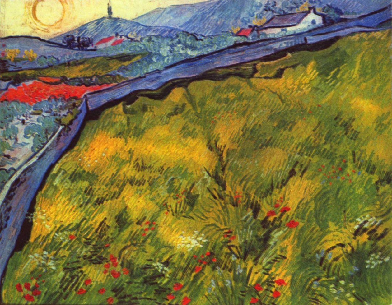 Berglandschaft bei Sonnenaufgang mit eingezäunter Wiese tekijältä Vincent van Gogh