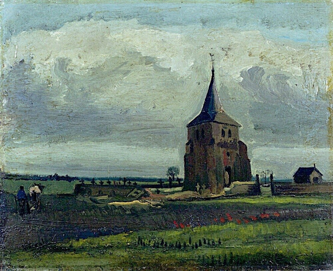 Nuenenin vanha hautausmaatorni talonpoikien kanssa tekijältä Vincent van Gogh