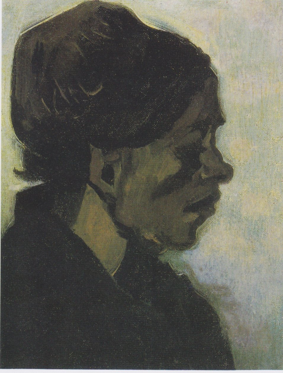 Barbantin talonpoikaisen naisen pää, jolla on tumma huppu tekijältä Vincent van Gogh