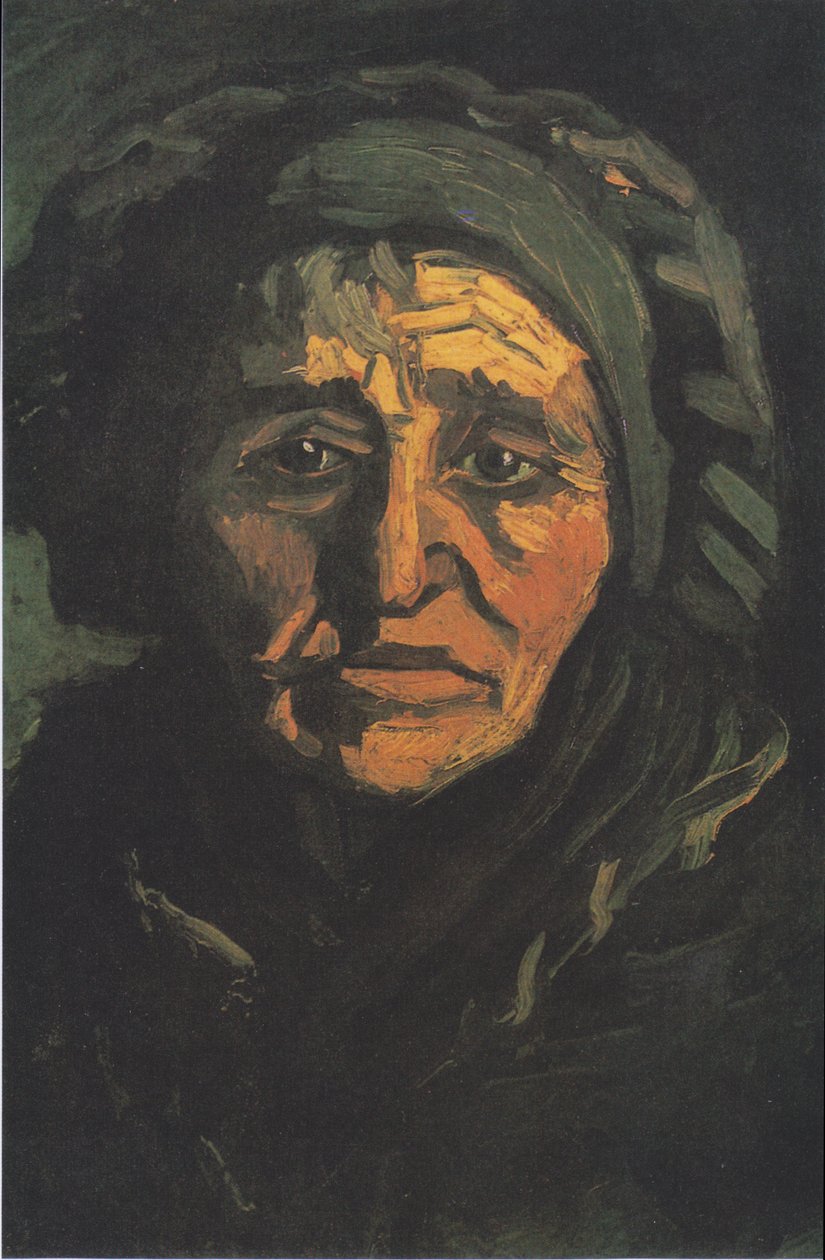 Talonpoikaisen naisen pää, jolla on vihertävä konepelti tekijältä Vincent van Gogh
