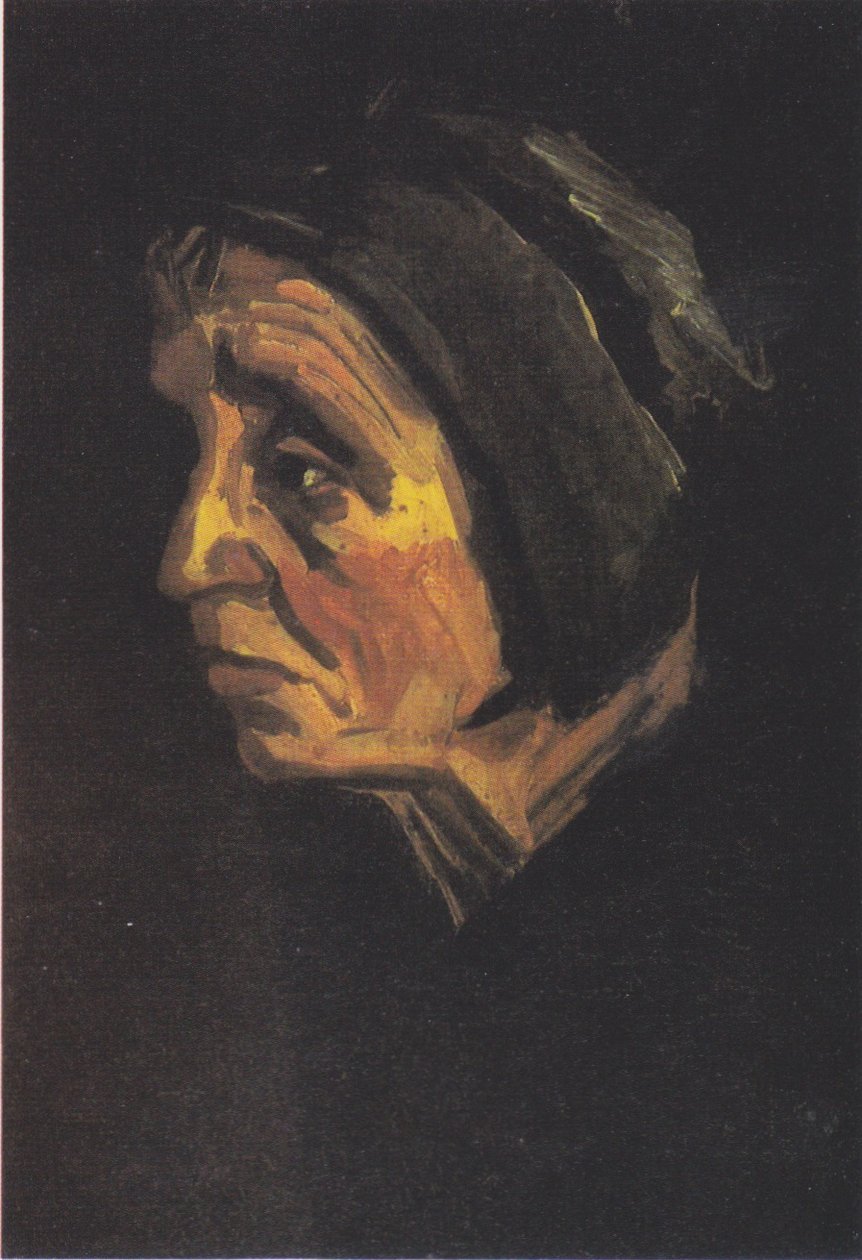 Pää vanha talonpoika nainen tumma huppu tekijältä Vincent van Gogh